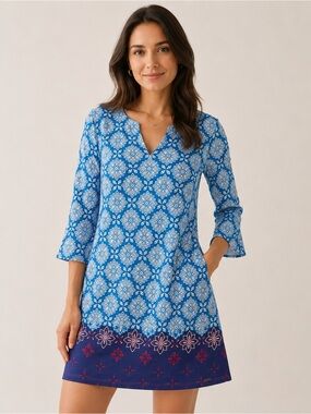 Hatley Lucy Dress S Indigo Compass Rose Print A-Line 100% Cotton 3/4 Sleeve